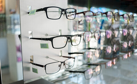 Eyeglasses on display at the optical shop